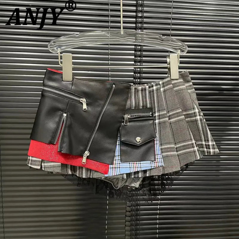 Women Trend Denim PU Leather Short Skirt Fashion Modern