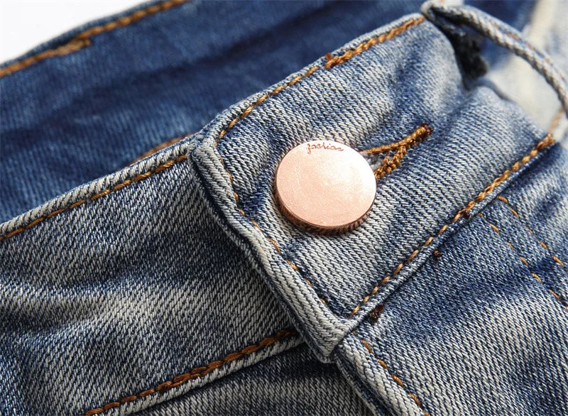 Mens Fashion Skull Painting Colored Street Jeans Letter Print Elastic Denim Skinny Night Club Pants Hip Hop Denim Trousers Blue