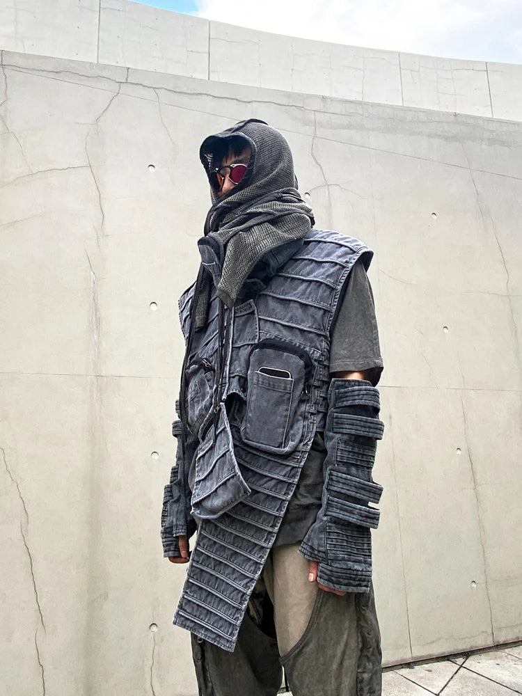 Pioneer Waste Soil Sand Dune Heavy Industry washed Asymmetric stereoscopic Bag Layered High Collar Vest coat