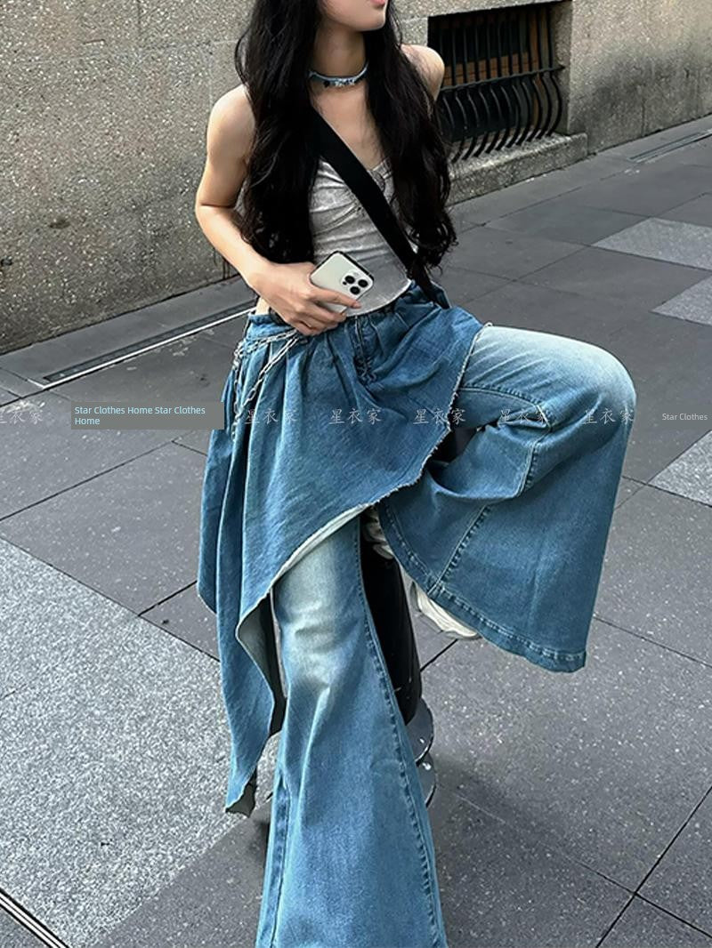 2026 European and American Retro Wide-Leg Scimitar Jeans for Women / Floor-Length Pants