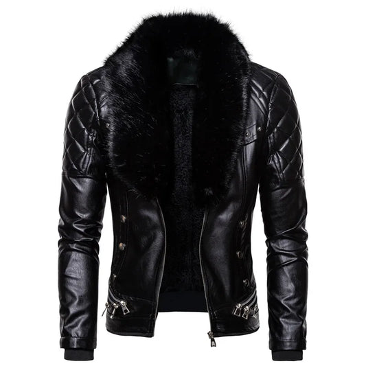 Motorcycle Leather Jacket Men Turn Down Fur Collar Slim Fit Warm PU Bomber Jackets Coats Mens Bikers
