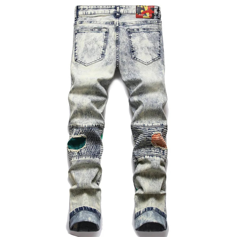 Stretch Denim Jeans Streetwear Patchwork Holes Ripped Distressed