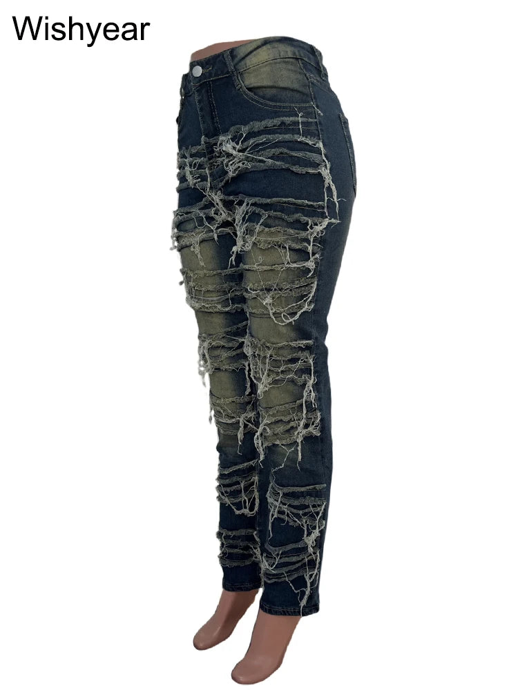 Vintage Pencil Pants Ripped Women Jeans Distressed Stretch Denim Trouser Wash Dark Blue Skinny Pockets Punk Style