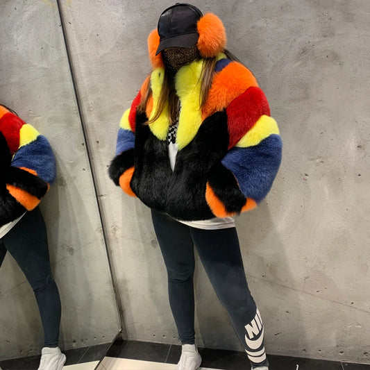 Natural Fox Fur Coat With Turn-down Collar Ladies Casual