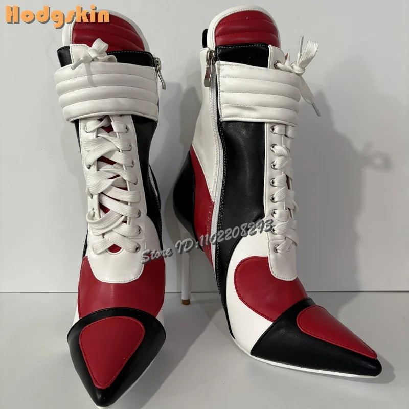 Patchwork Sports Ankle Boots Pointed Cross-tied High Heels Short Boots 2025 Autumn New Women Fashion Stiletto Motorcycle Shoes