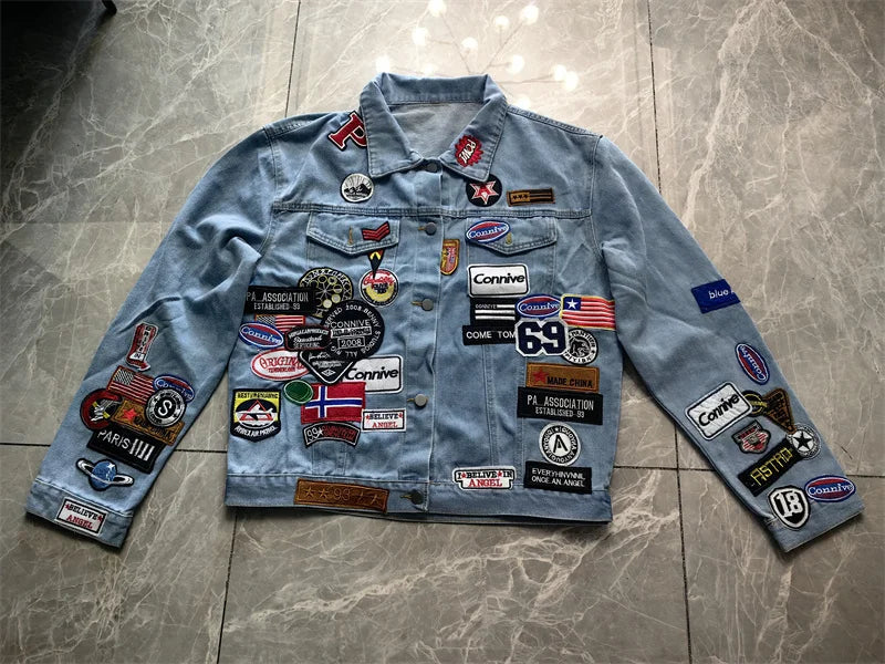 Men's Embroidered Denim Jacket Trendy Slim Fit w Badge Jeans Coat