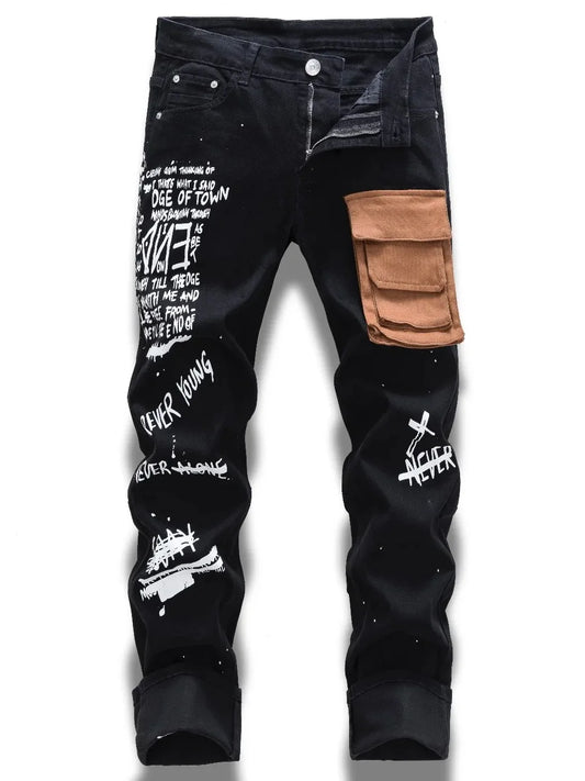 European and American new vintage pocket printed black jeans for men