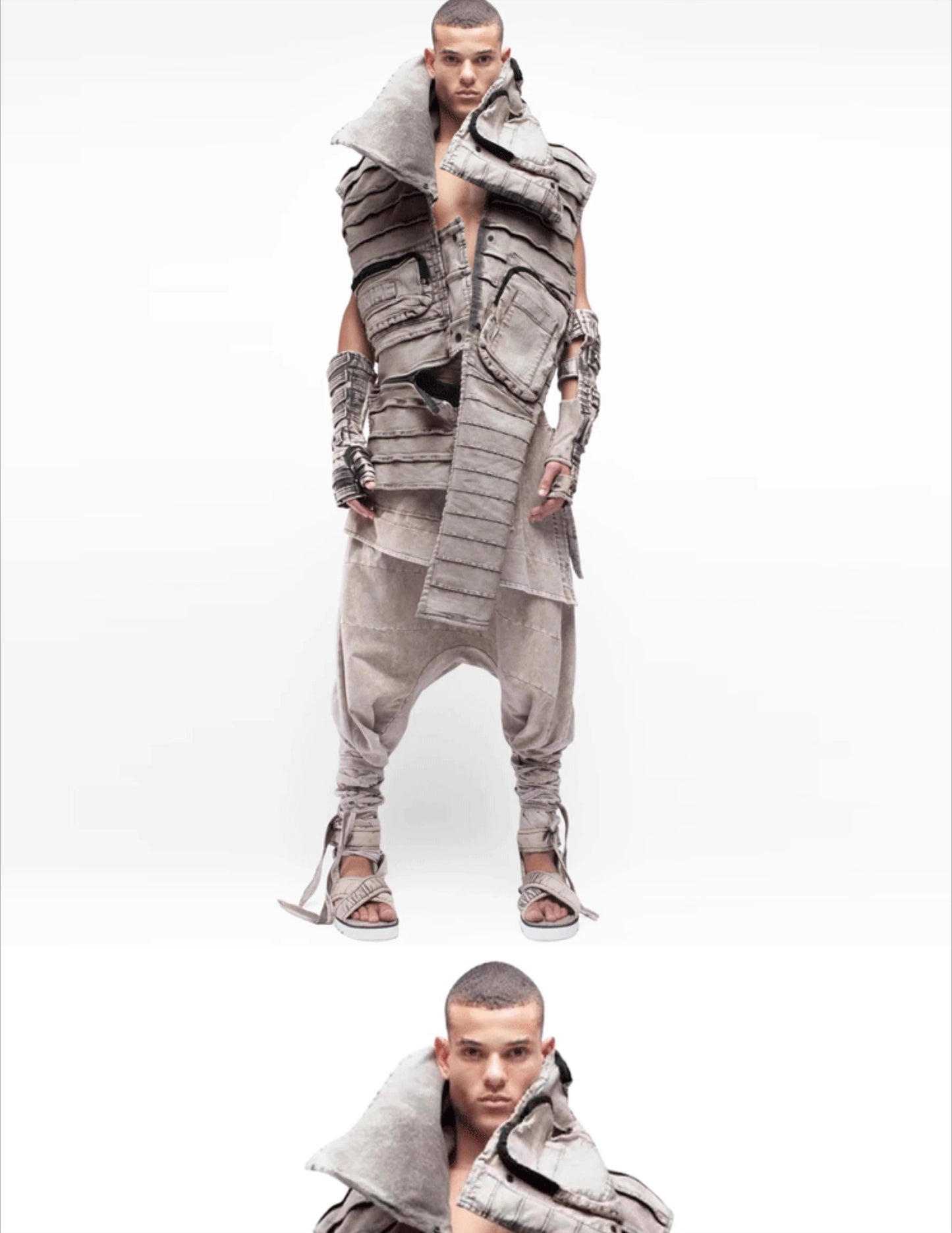 Pioneer Waste Soil Sand Dune Heavy Industry washed Asymmetric stereoscopic Bag Layered High Collar Vest coat