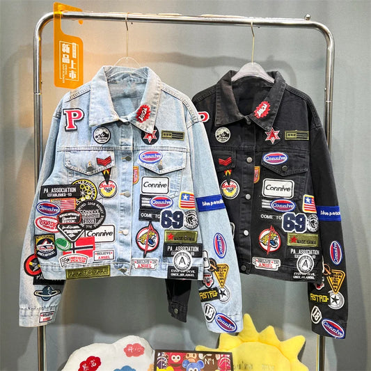 Men's Embroidered Denim Jacket Trendy Slim Fit w Badge Jeans Coat