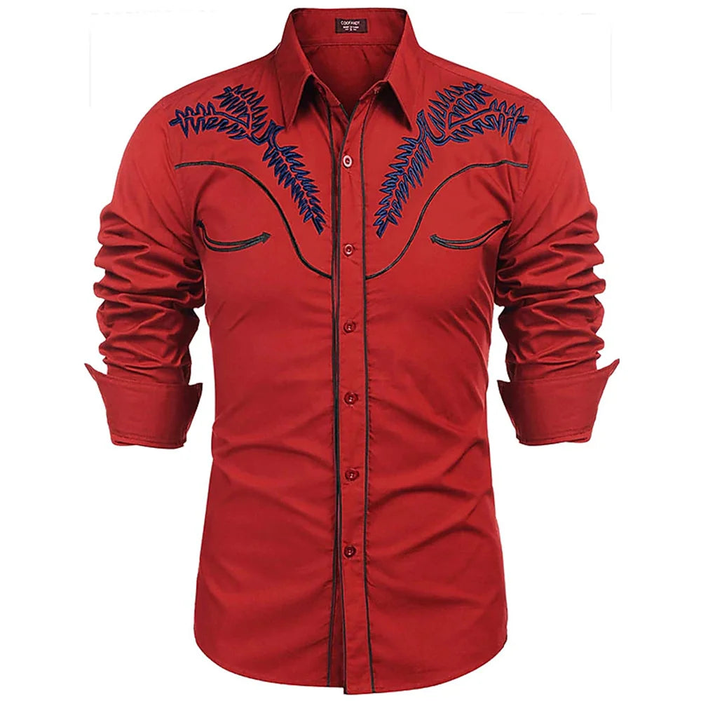 Men's western printed long -sleeved lapel single -breasted shirt casual social men's club street clothing