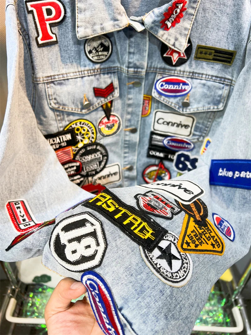 Men's Embroidered Denim Jacket Trendy Slim Fit w Badge Jeans Coat