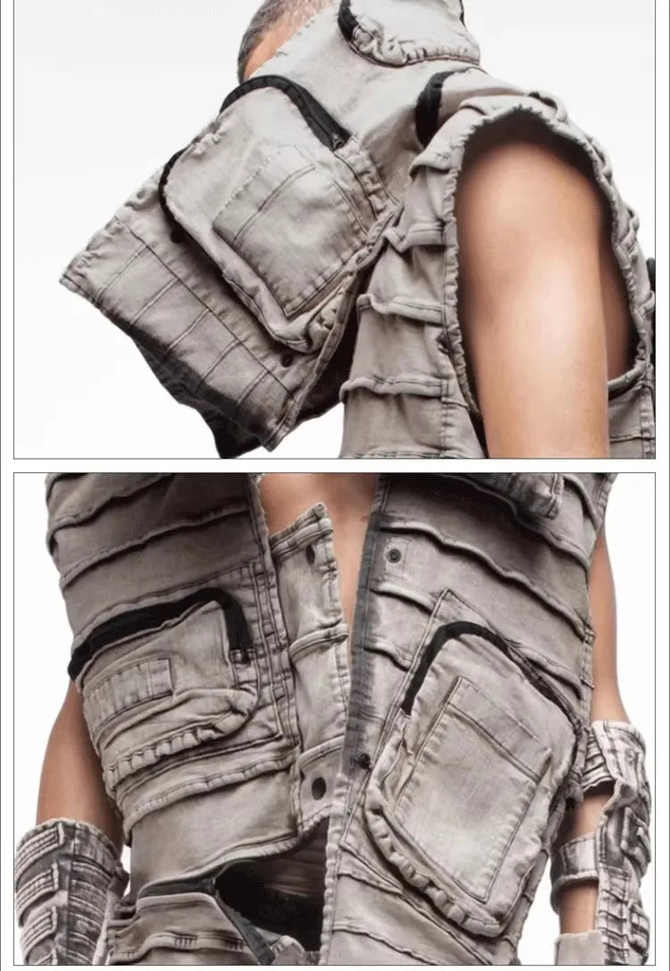 Pioneer Waste Soil Sand Dune Heavy Industry washed Asymmetric stereoscopic Bag Layered High Collar Vest coat