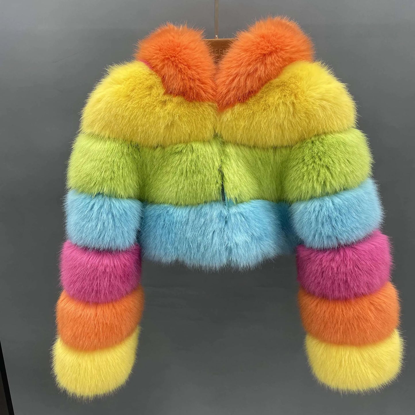 Quality High Simulation Fox Fur 3 Rows Hooded Jacket Colorful Fur Coat