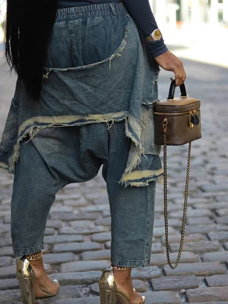 Street Wear Baggy Bag Wide Leg Denim Pants Elastic Waist Distressed Runway Harem Jeans