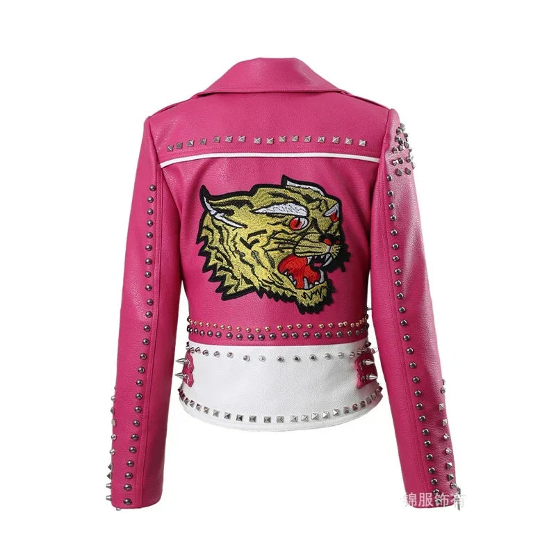 Punk Studded Motorcycle Leather Jacket Women 2026 Trend Streetwear Contrast Color Stitched Faux Leather Embroidered Jackets