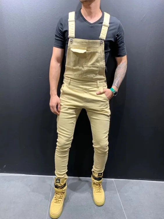 Men's Tie Dye Denim Overalls, Fashionable Slim Fit and Slimming Pants, Solid Color New Style Mens Jeans