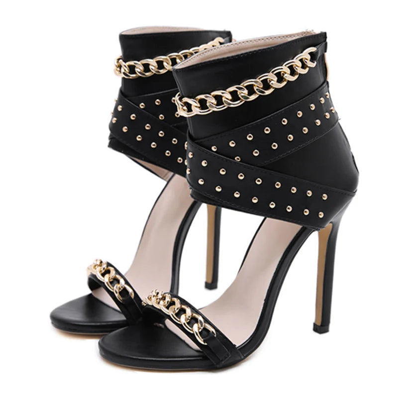 Aneikeh Sexy Rivet Metal Chain Sandals Peep Toe Thin Heel Pumps Gladiator Sandalias Zipper Women High Shoes