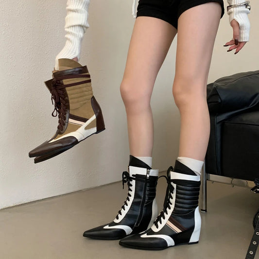 Black And White Boots Women Pointed Toe Lace Up Sports Style Wedges Shoe Fall Mid-calf Boots Comfort High Heels New Arrivals