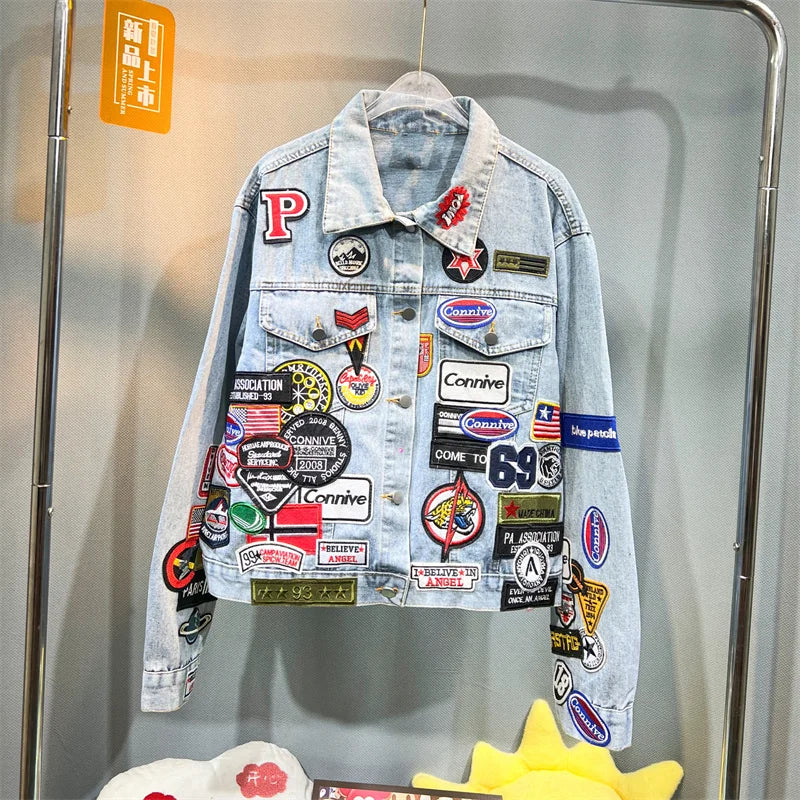 Men's Embroidered Denim Jacket Trendy Slim Fit w Badge Jeans Coat