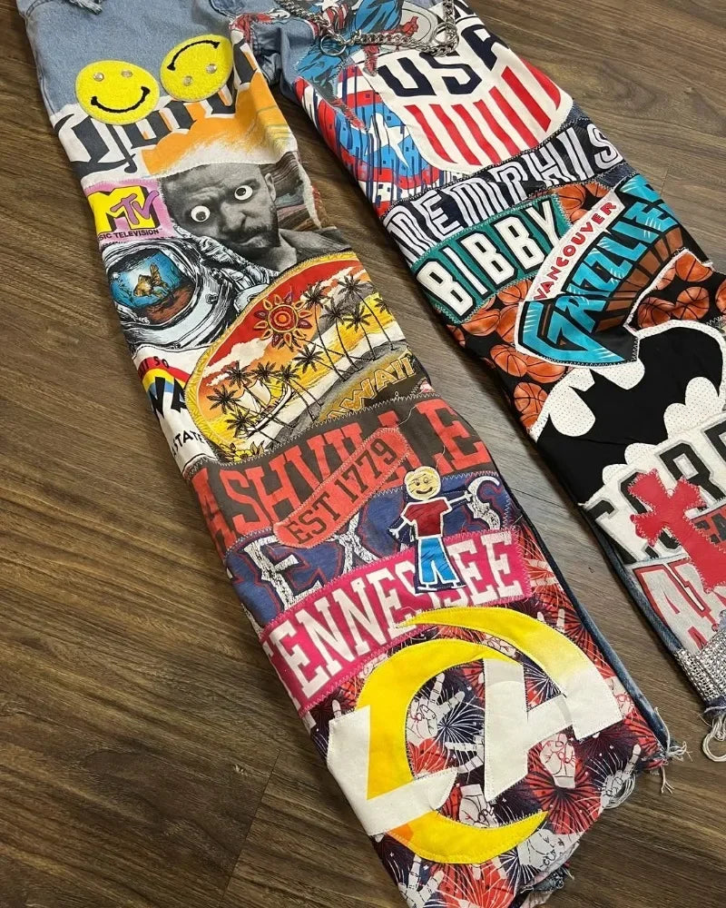 Hip-hop style high-waisted washed cartoon jeans oversized wide-legged pants men rock & women