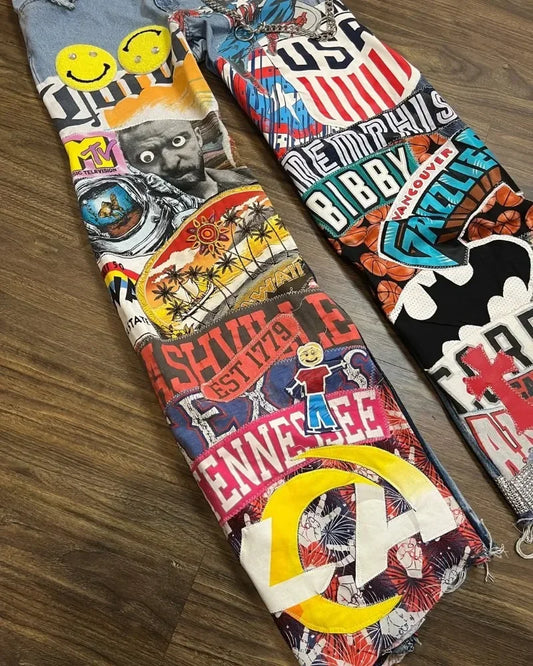 Hip-hop style high-waisted washed cartoon jeans oversized wide-legged pants men rock & women