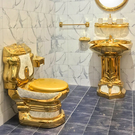Royal Luxury Style Bathroom Ceramic Water Closet Floor Mounted Gold Color Wash Basin Pedestal Sink Two Piece Toilet Commode Set