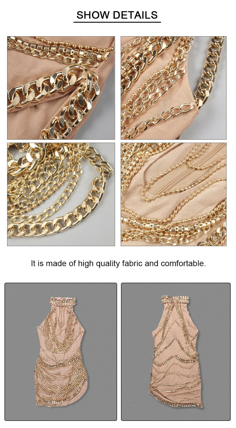 Glamorous Gold Metal Chain - Embellished Halter Mini Dress Side Splitt Club Nights luxury Dresses Vestidos