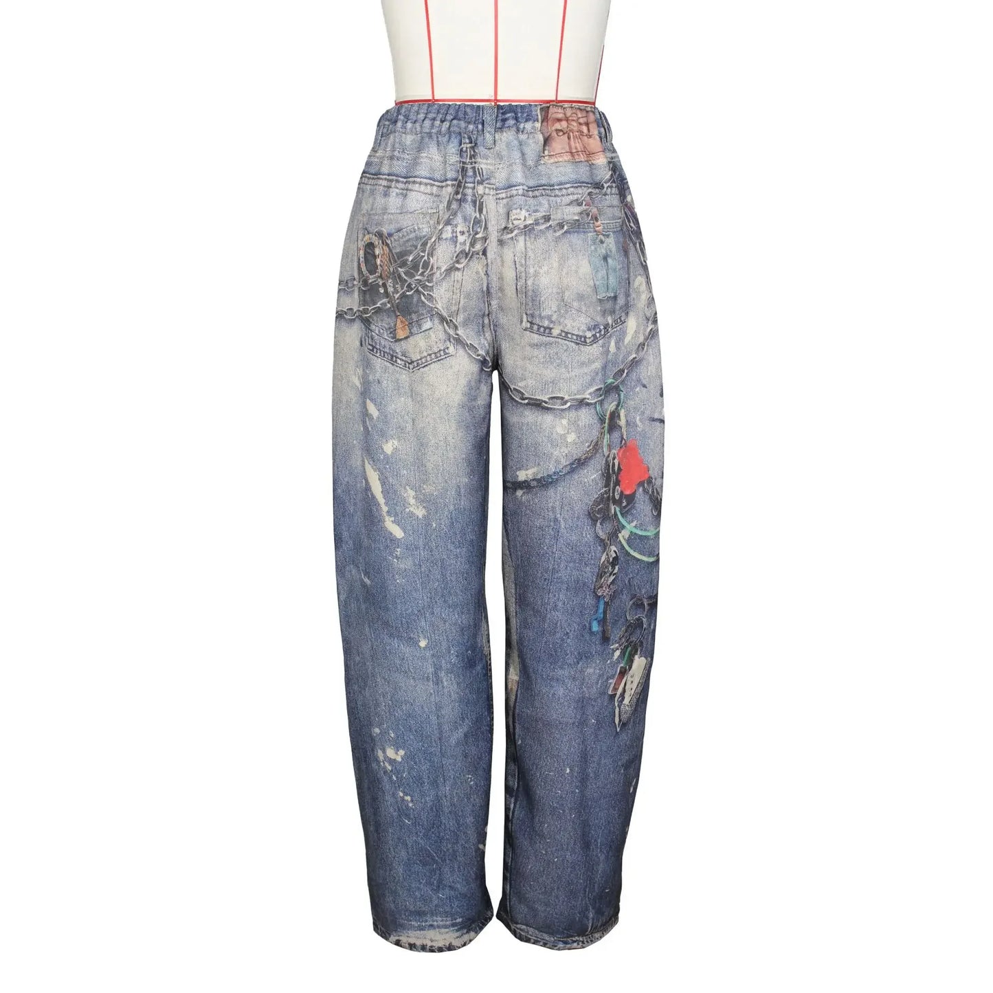Women Denim Casual Leather Wide Leg Pants Streetwear Lady Loose Straight-Leg Jeans