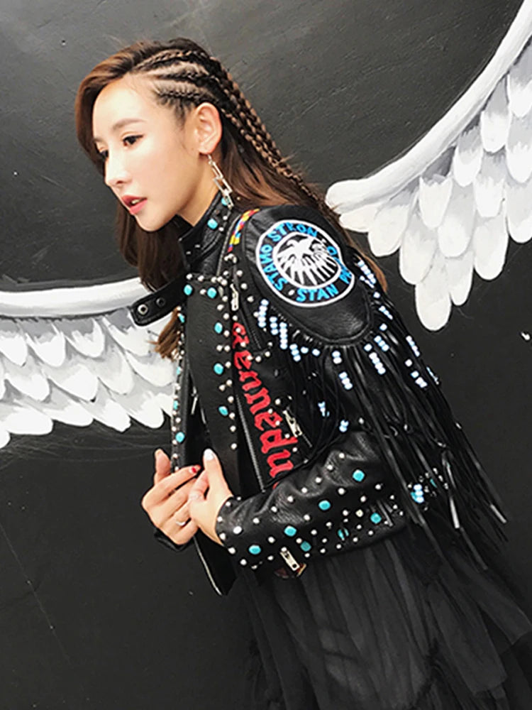 2026 new European style tassel rivet print trendy leather jacket motorcycle version street fashion