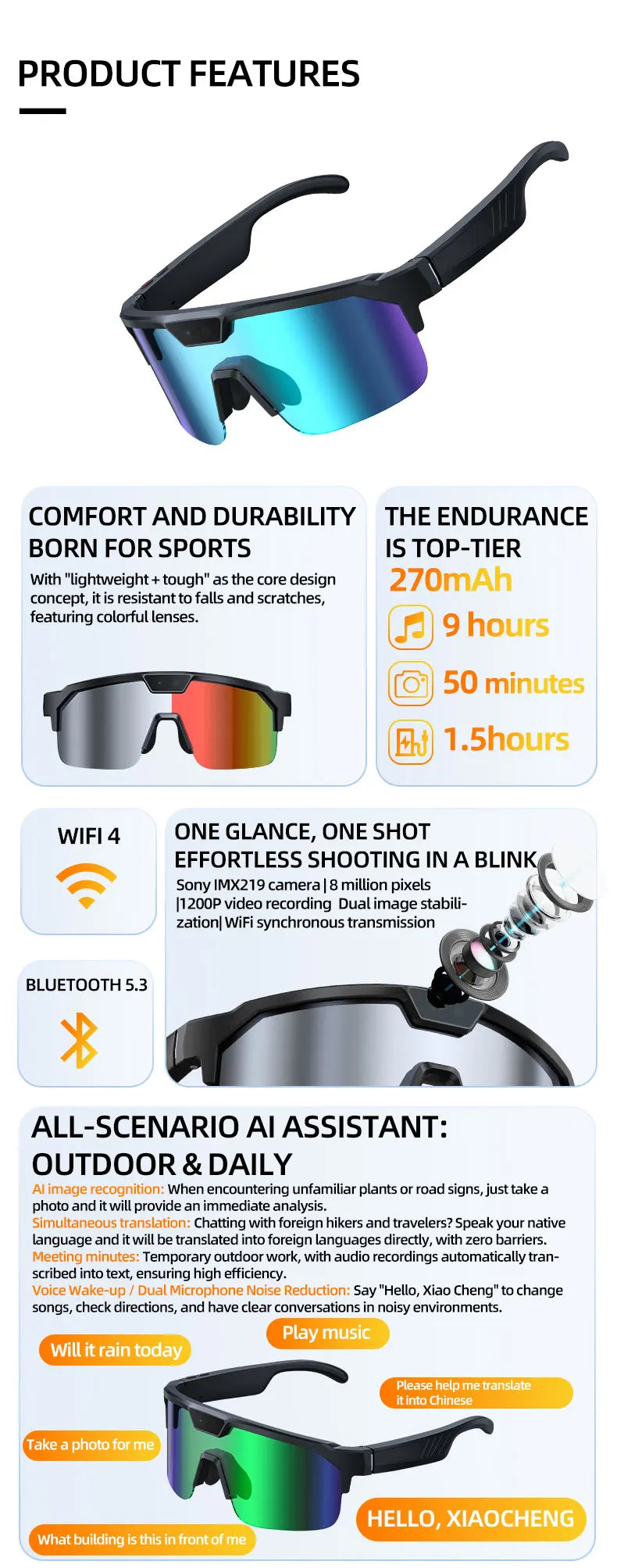 800W 4k HD Camera Smart Glasses Anti-shake Cycling Riding Shooting Dual Mic Noise Reduction & Windproof