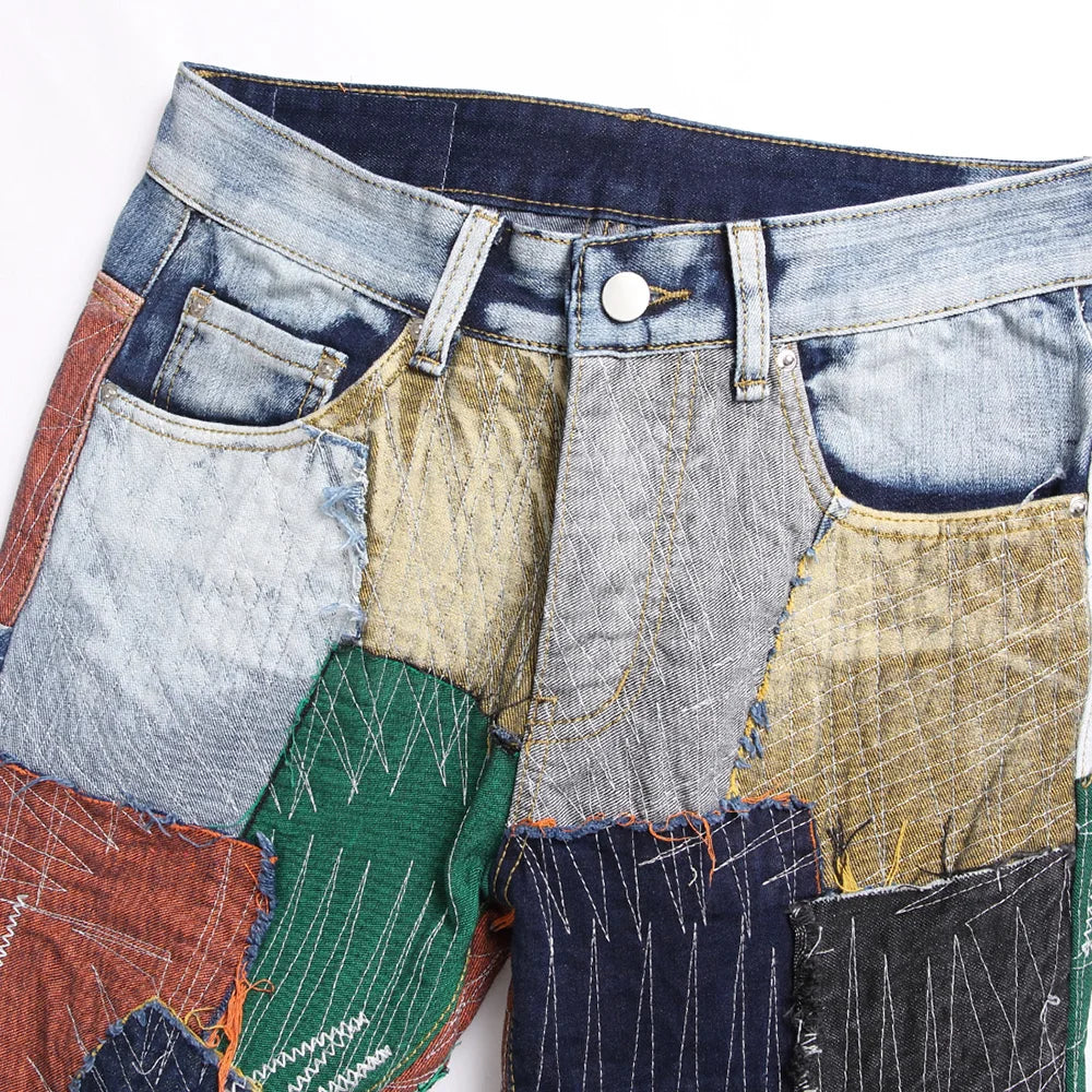 Men Patchwork Denim Jeans Release Hem Colorful Patches Embroidery Pants Non Stretch Cotton Slim Straight Trousers