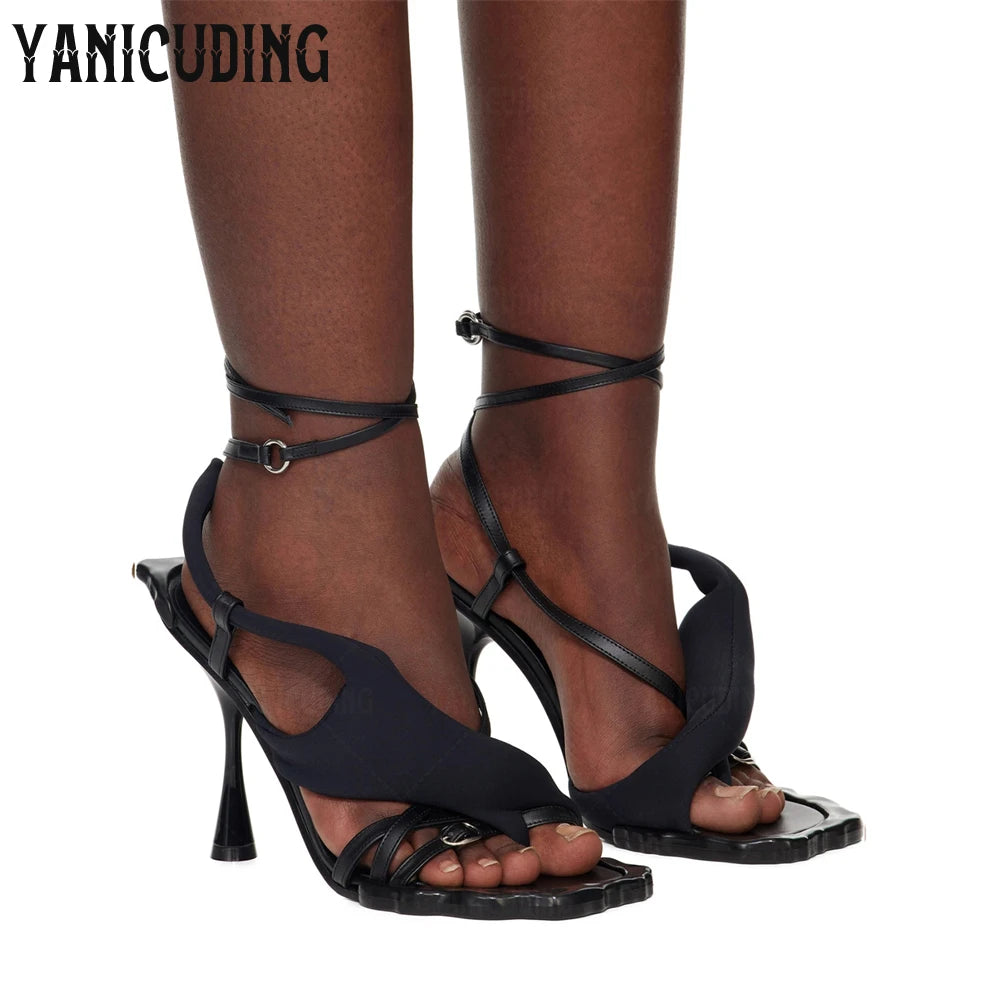Stud Flower Sole Stiletto Sandals Novelty Open Toe Toe Post Buckle High Heels Ankle Straps All over Rivet Contrast Panel Sandals