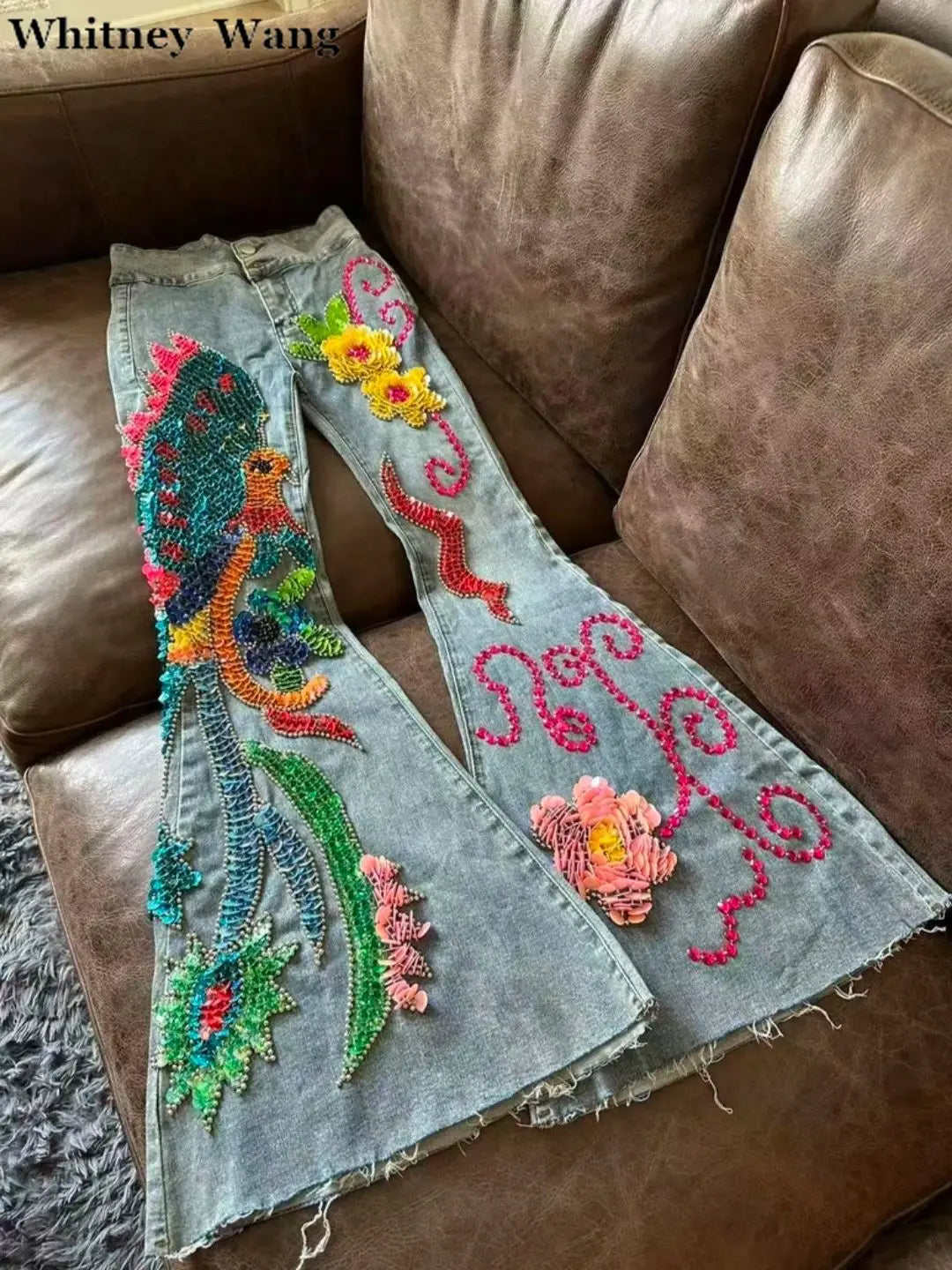 Designer Fashion Streetwear Handmade Sequins Beading Bird Big Flare Jeans Women Denim Pants
