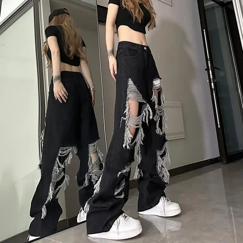 New Front-Rear  Broken Hole Jeans All-Match Distressed Women High Street Hip Hop High Waist Straight Loose Trousers