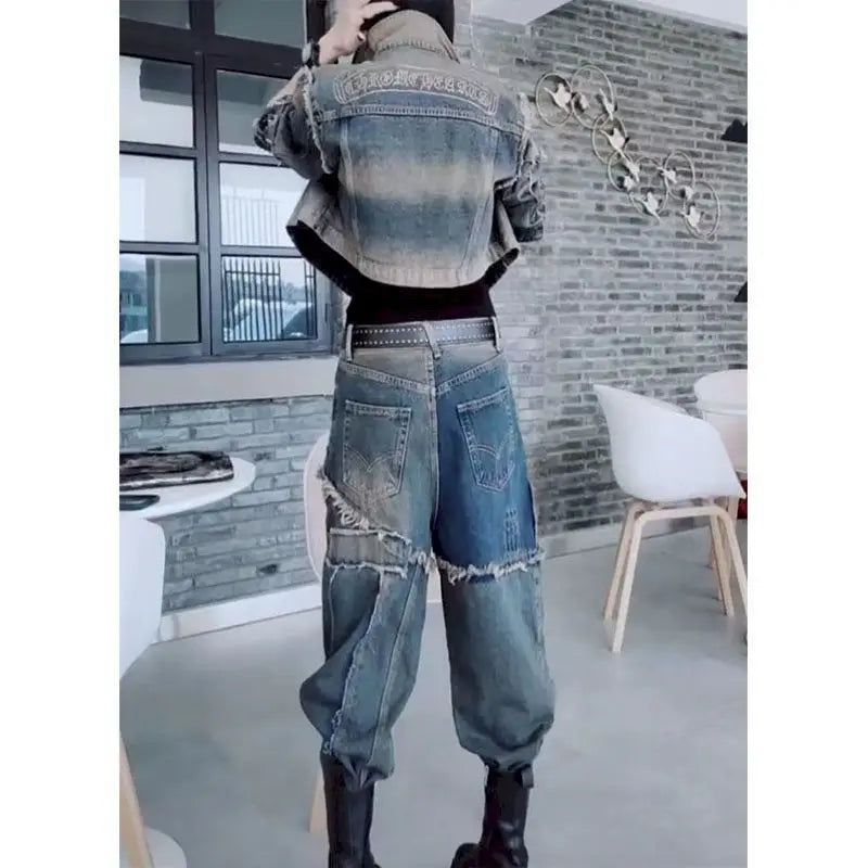 Fashion Cool Denim Set Women Autumn Trend Popular Set Personality Lapel Washed Jean Jacket Harun Pants Fried Street 2 Piece Suit