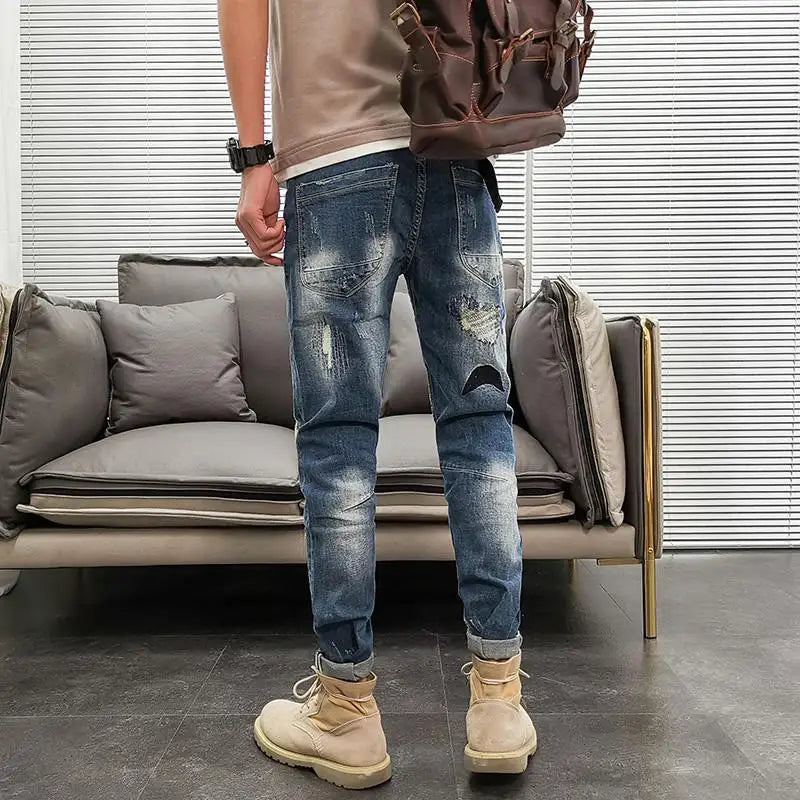 Graphic Men's Jeans Tapered Man Cowboy Pants Ripped with Print Torn Slim Fit Trousers Korean Fashion Retro Broken Harajuku Xs XL