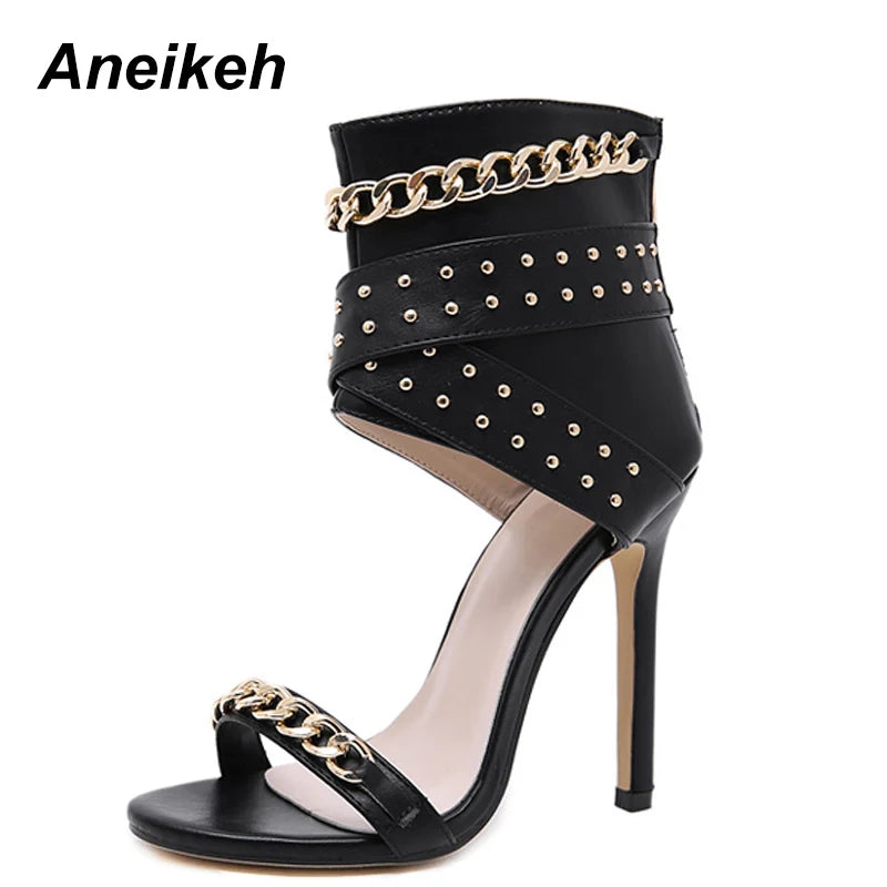 Aneikeh Sexy Rivet Metal Chain Sandals Peep Toe Thin Heel Pumps Gladiator Sandalias Zipper Women High Shoes