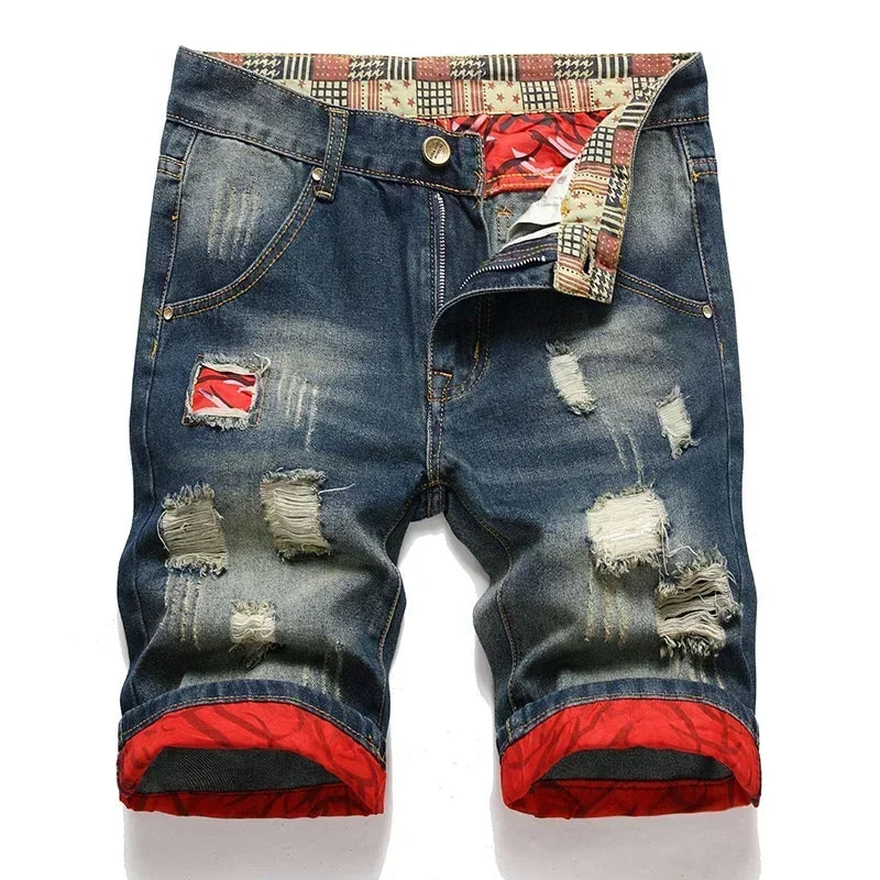 Men Denim Shorts Casual Fashion Street Wear Ripped Hole Patches Distressed Male Straight Jeans Shorts