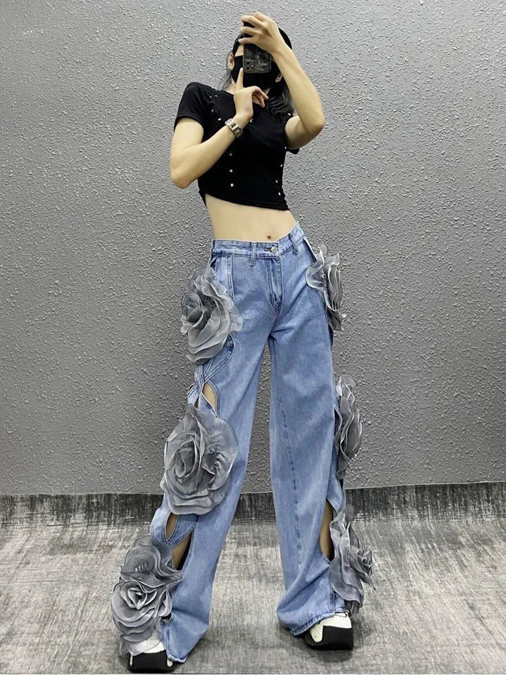 Female Flower Stitching Hollow Out High Waist Loose Jeans Pants Fashion Women'S Wide Leg Oversized Denim Trousers