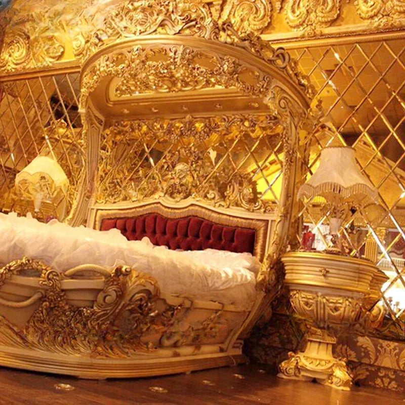 European-Style Wood Carved Double Bed Luxury Boat Style French Fabric Princess Villa Bedroom Furniture Bedroom Set Muebles