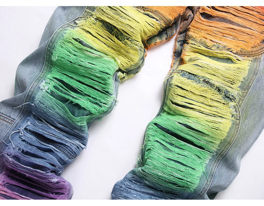 Men's colorful Ripped Graffiti Denim Pants Streetwear Loose Straight jeans