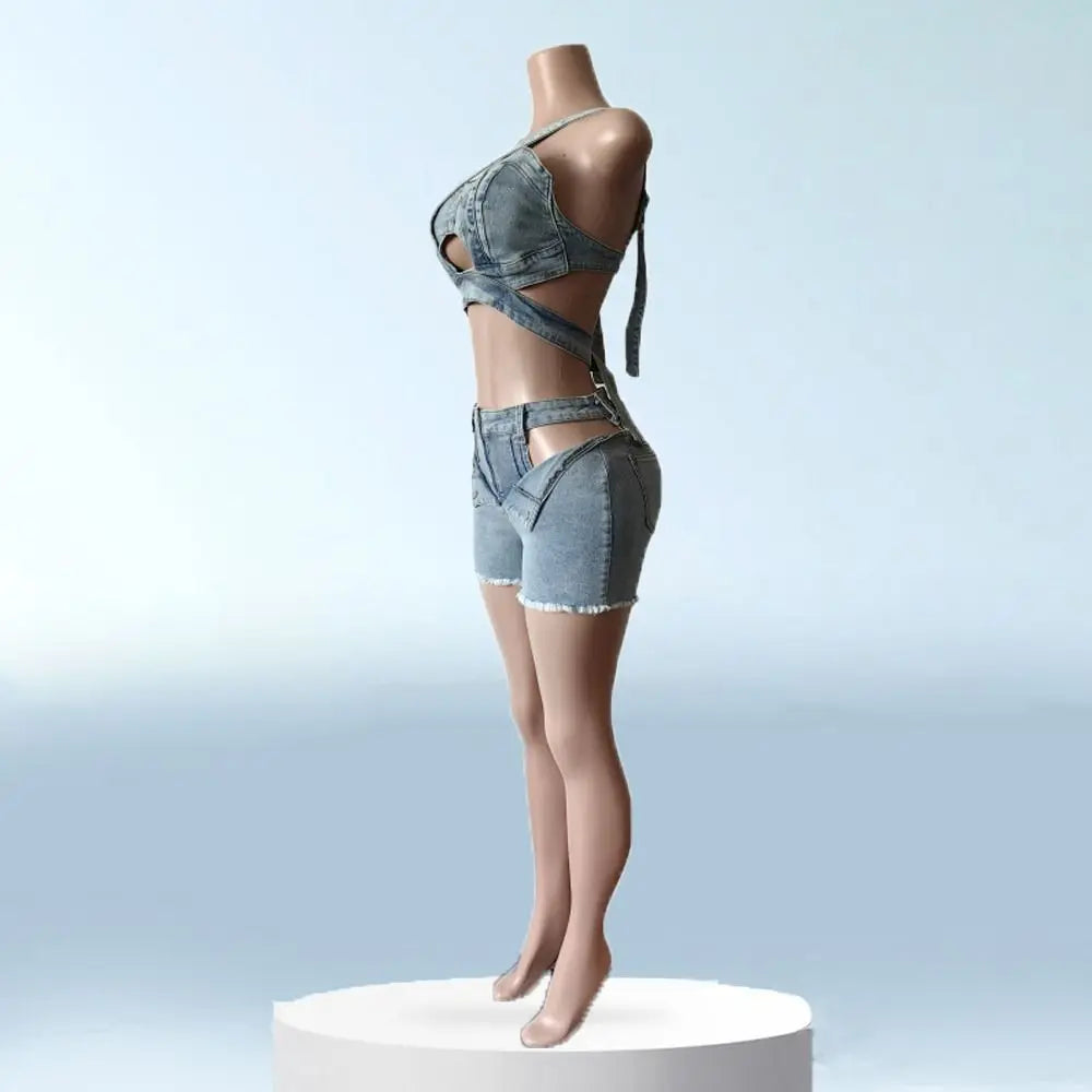 Harajuku Retro Cowboy Shorts Sets Jumpsuits Cross Belt Denim Crop Top Shorts Hollow Spicy Girl Style Sleeveless Bodysuit Beach