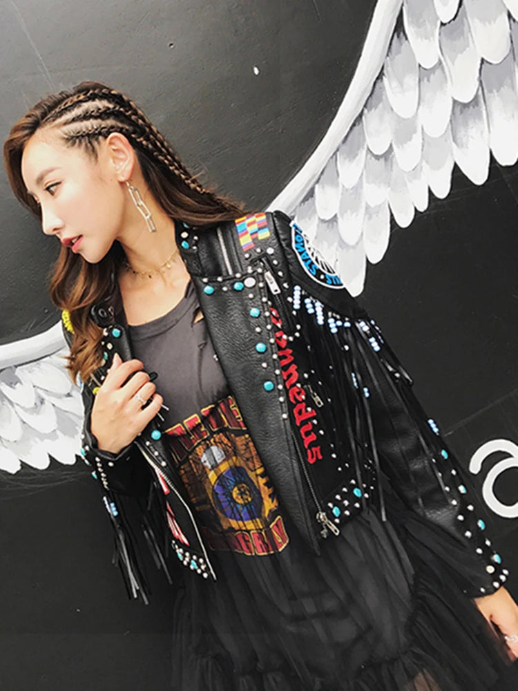 2026 new European style tassel rivet print trendy leather jacket motorcycle version street fashion