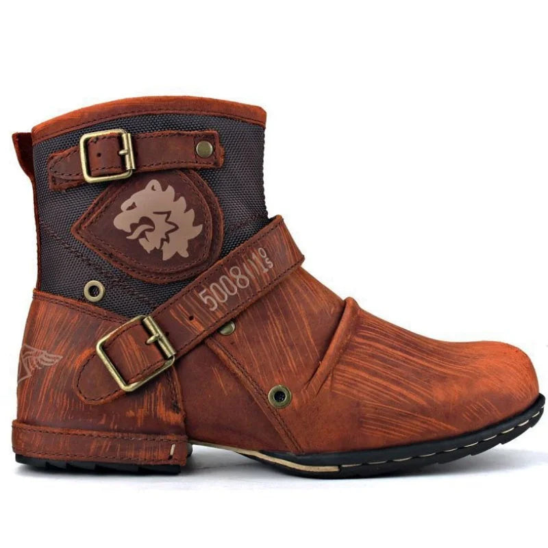 Men's Ankle Boots High Quality Cowboy Boots Men Metal Buckle Side Zipper Motorcycle Boots Gothic Boots Retro Western Boots