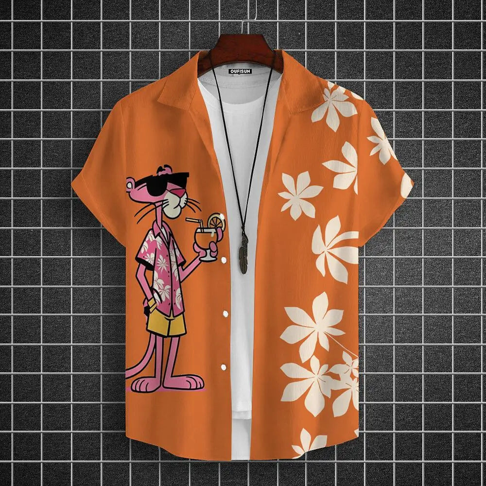 Men's  Cartoon leopard Graphic Print Short Sleeve Lapel Shirt Tops Men's Casual Button-Down Shirts For Summer Daily Wear Resort