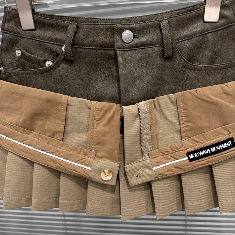 Autumn Winter New Niche Fashion Two-Piece Design Leather Patchwork Short Skirt For Women Pleated Skirts