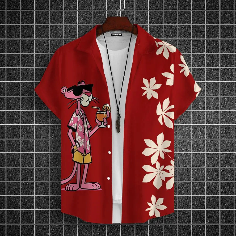 Men's  Cartoon leopard Graphic Print Short Sleeve Lapel Shirt Tops Men's Casual Button-Down Shirts For Summer Daily Wear Resort