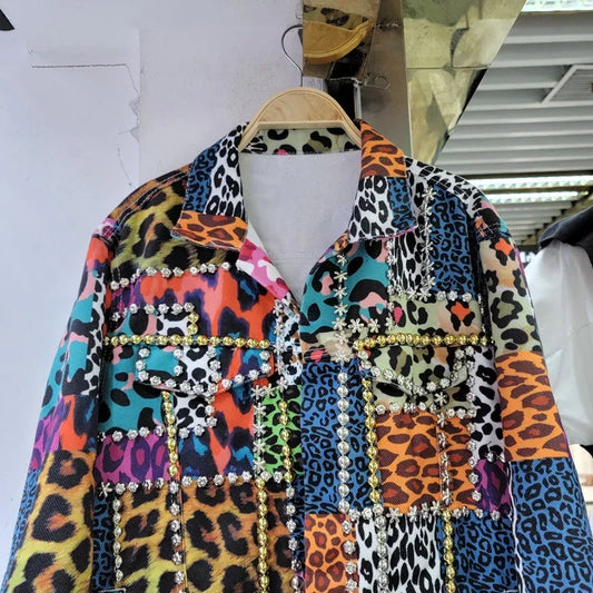 Streetwear Fashion Rivet Beading Leopard Print Patchwork Denim Jacket Women Cowboy Outerwear Loose Short Jeans Jackets Female