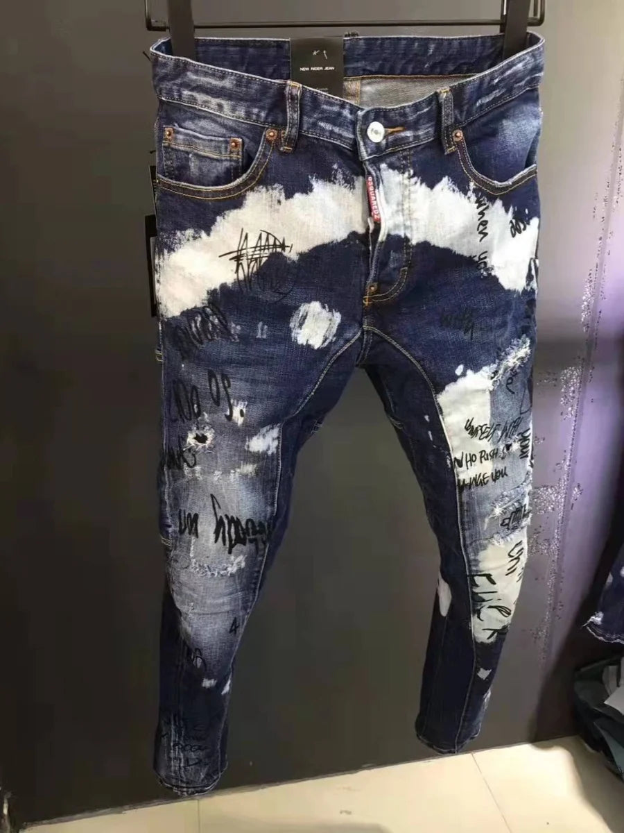 Spring Summer D2 Trendy Men's Distred Patch 3D Cutting fiti Print Slim Elastic Ankle Jeans Casual Busin Casual