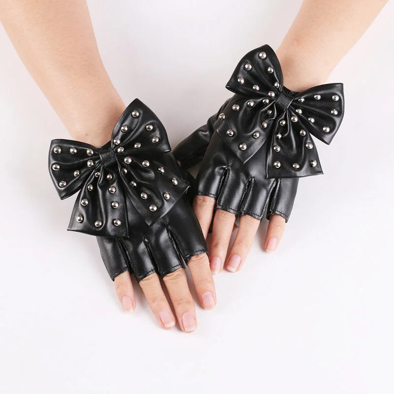 Fashion PU Leather Gloves Big Bow Rivet Sexy Disco Dancing Rock And Roll, Black Punk